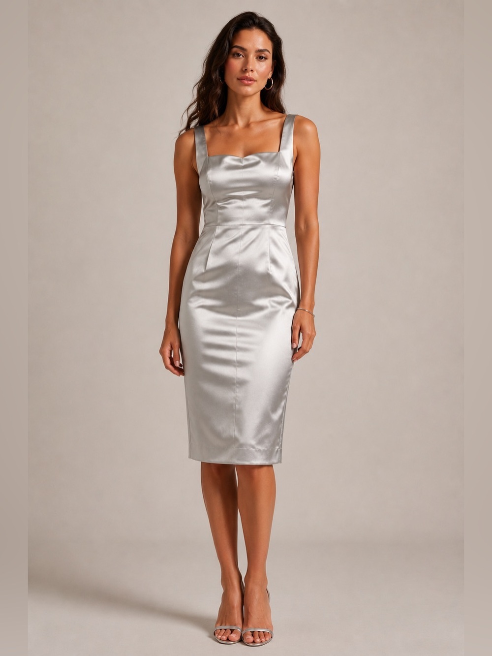 Lafayette 148 Silver Satin Sheath Midi Square Neck Cocktail Dress size 10